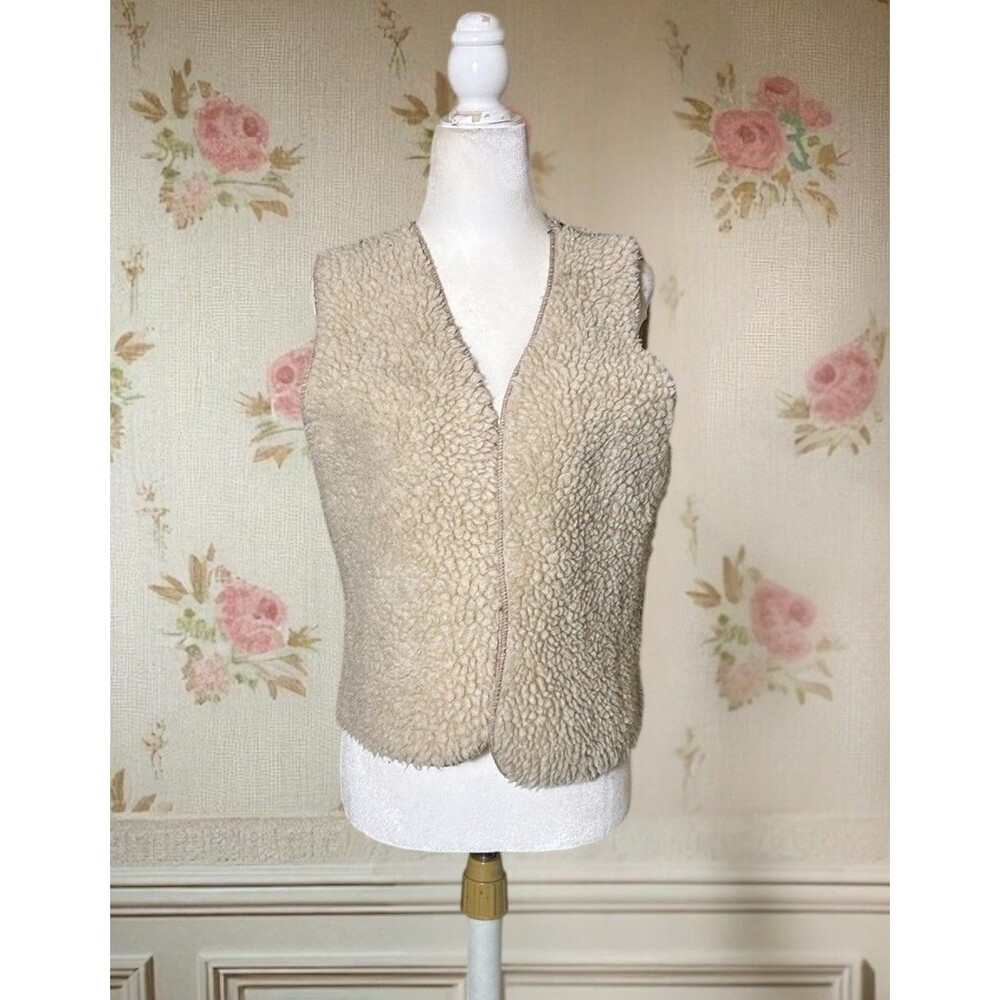 Vintage Teddy Sherpa Fleece Vest V-Neck Tan Beige Cozy 70s 80s Womens Size 40”